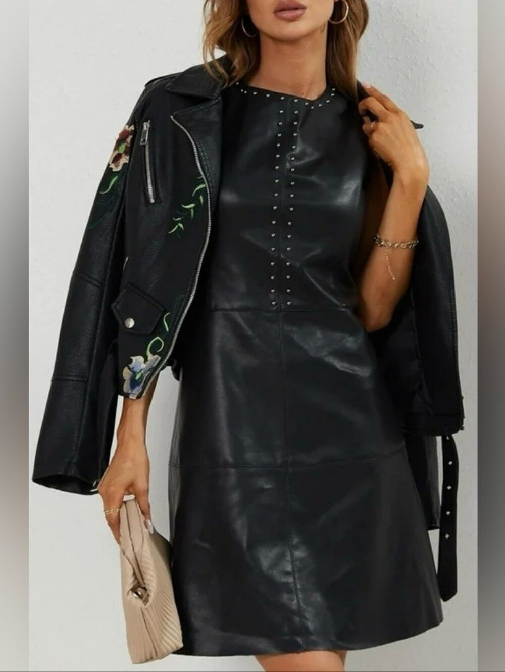 BELLIVERA Floral Vegan Leather Embroidered Moto Jacket Black - Picture 6 of 14